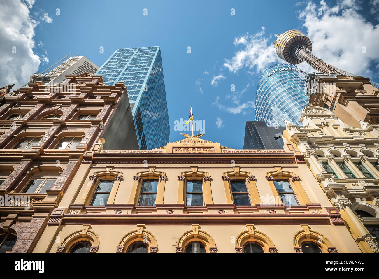 Sydney Tower and modern skyscrapers view from Pitt street Stock Photo