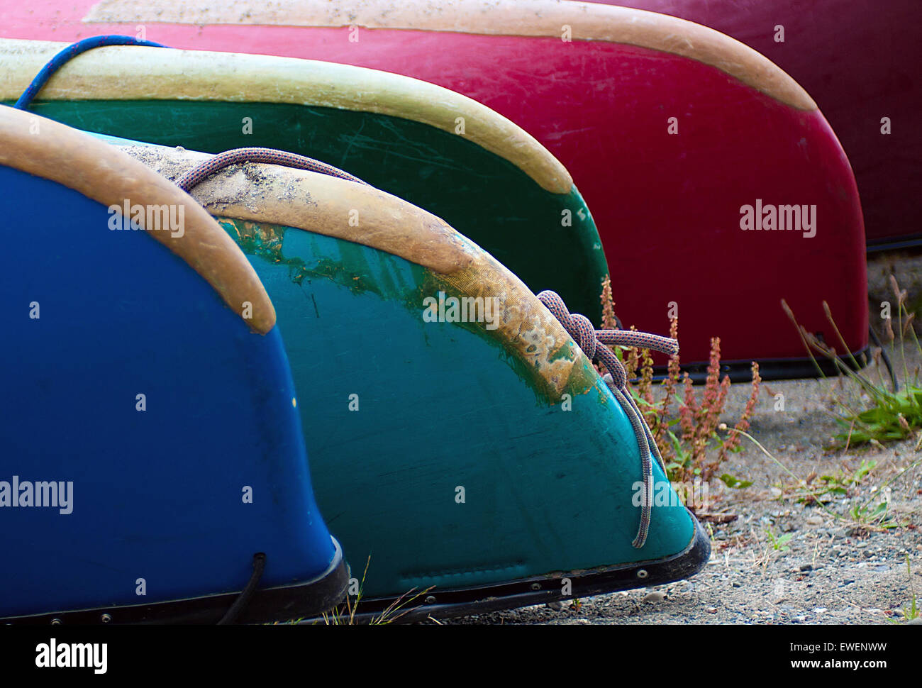Canoes at Strathcona Park Lodge in Strathcona Provincial Park, Vancouver Island, British Columbia, Canada. Stock Photo