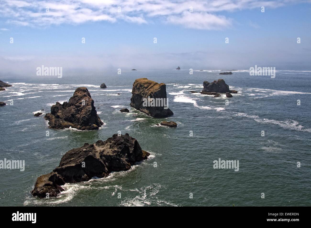 Oregon beach and sea stacks south of Coos Bay Oregon. The Oregon coastline has beautiful scenery and provides recreation. Stock Photo