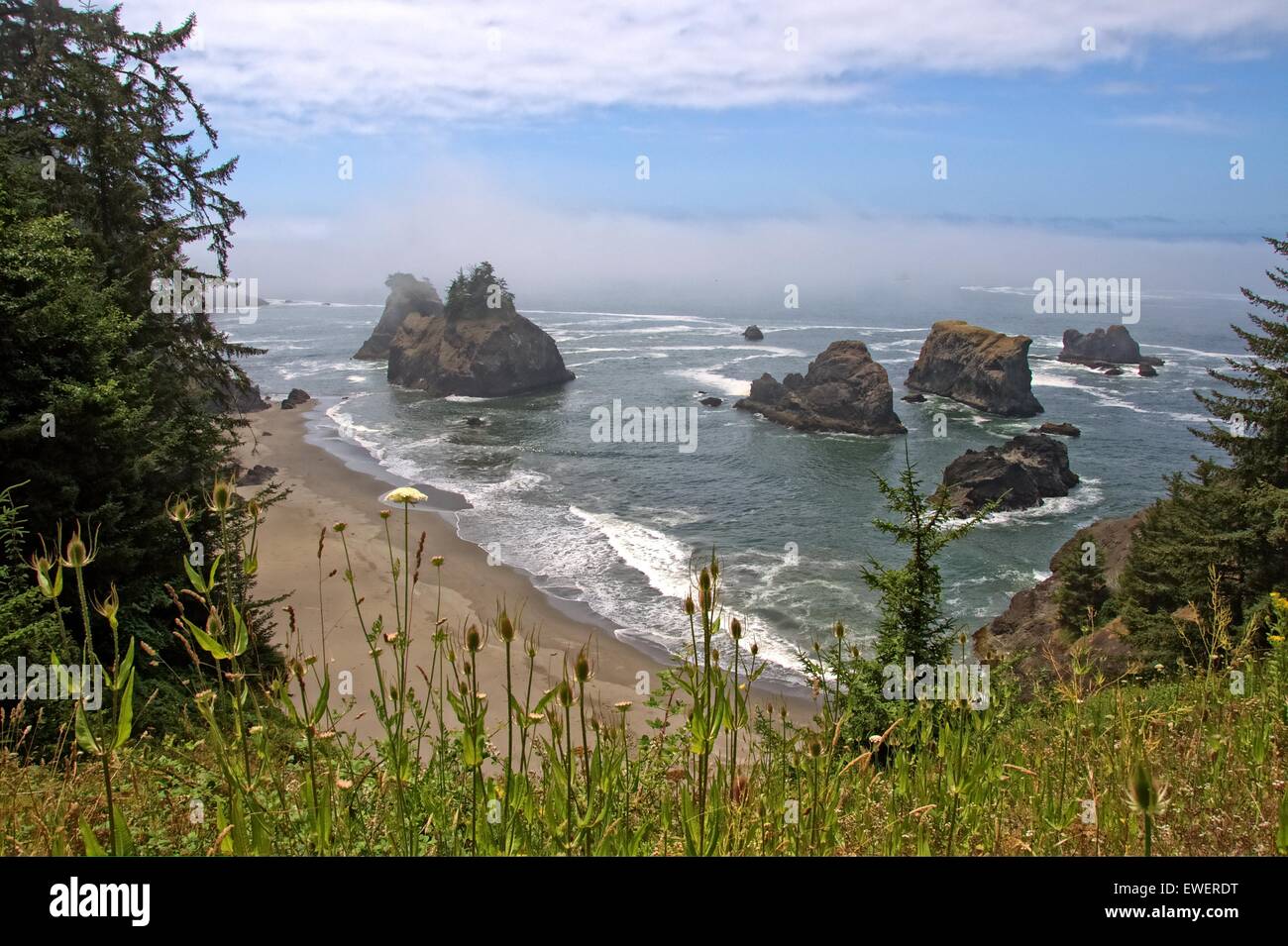 Oregon beach and sea stacks south of Coos Bay Oregon. The Oregon coastline has beautiful scenery and provides recreation. Stock Photo