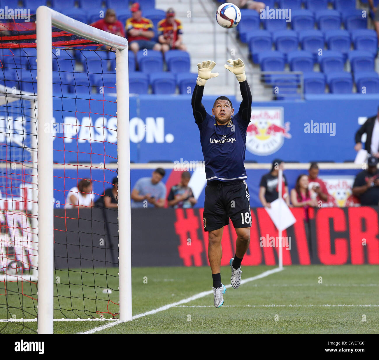 Harrison, New Jersey, USA. 24th June, 2015. Real Salt Lake goalkeeper Nick Rimando (18) warms up before the MLS game between the New York Red Bulls and Real Salt Lake at Red Bull Arena in Harrison, NJ. Credit:  csm/Alamy Live News Stock Photo