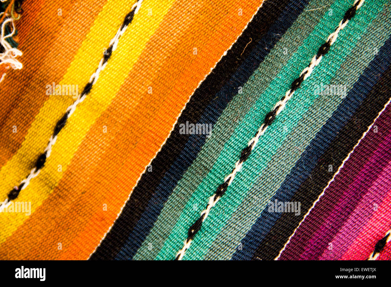 Beautiful patterns and textures in hand-woven fabrics at weaving demonstration on rural Peru. Stock Photo