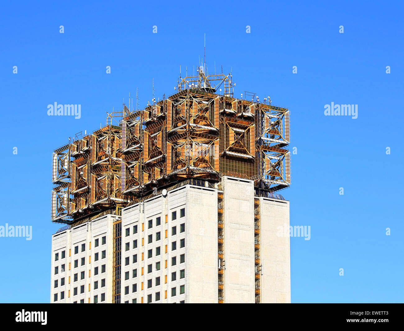 Metal composition on the space theme on the building of the Academy of Sciences in Moscow Stock Photo