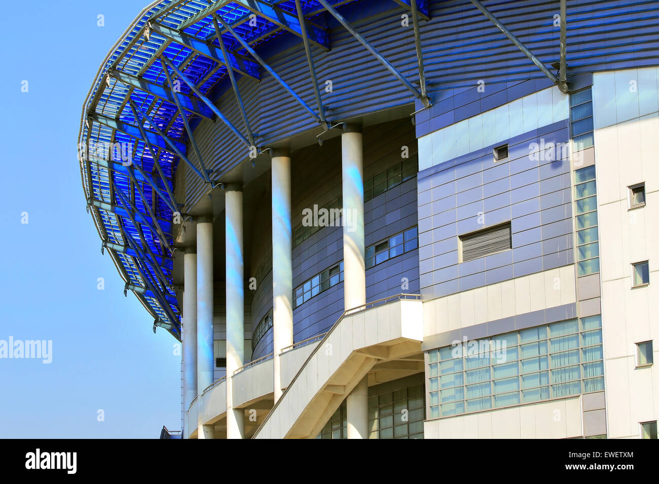 Reinforced concrete structures of large sports facility with supporting pillars and steel cables Stock Photo