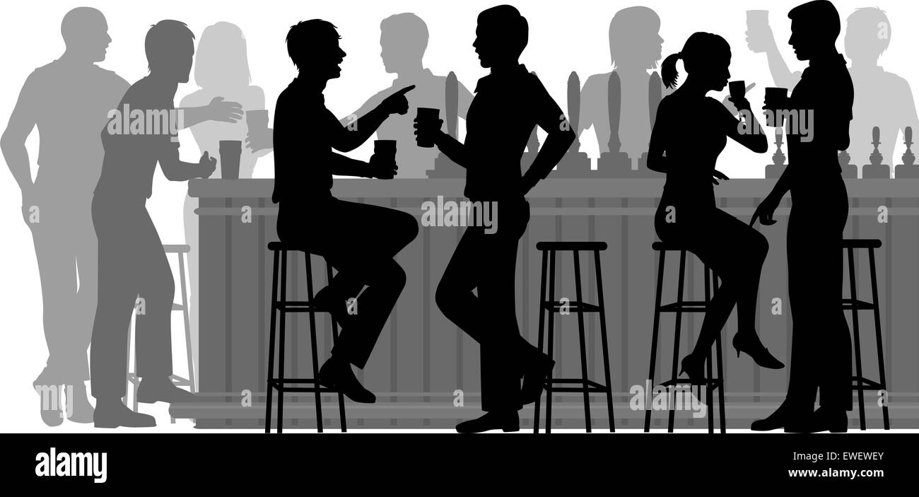 EPS8 editable vector cutout illustration of people drinking in a busy bar with all figures as separate objects Stock Vector