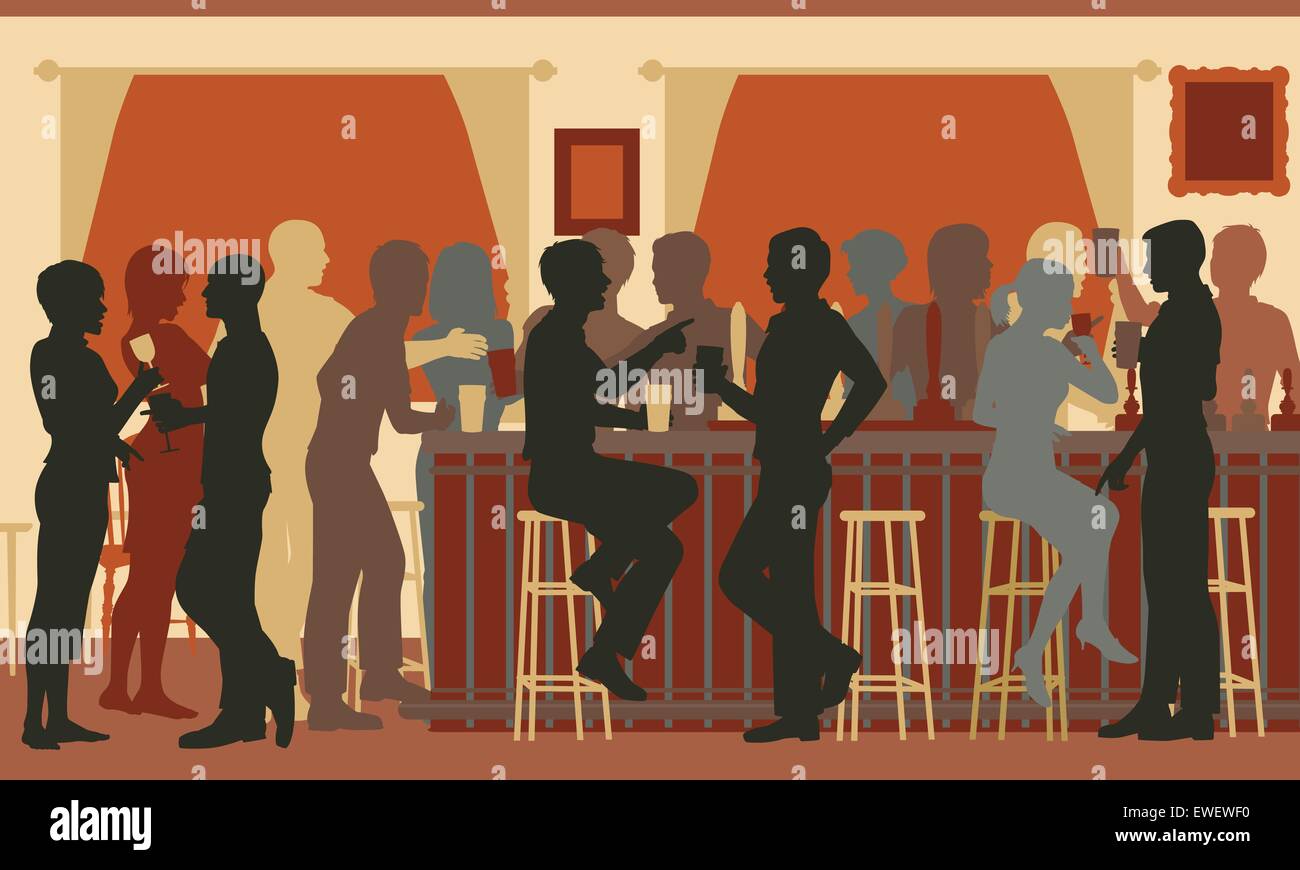 EPS8 editable vector cutout illustration of people drinking in a busy bar in the evening Stock Vector