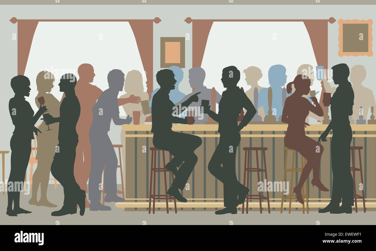 EPS8 editable vector cutout illustration of people drinking in a busy bar in daylight Stock Vector