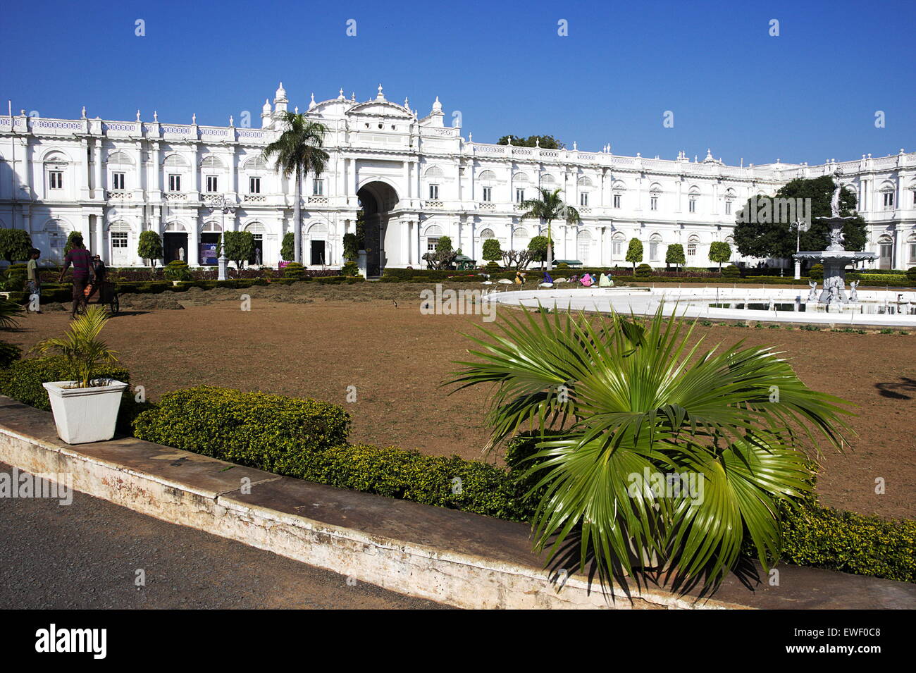 View of portion of bright, white, modern Jai Vilas Palace Museum of the Scindhias in Gwalior, Madhya Pradesh, India, Asia Stock Photo