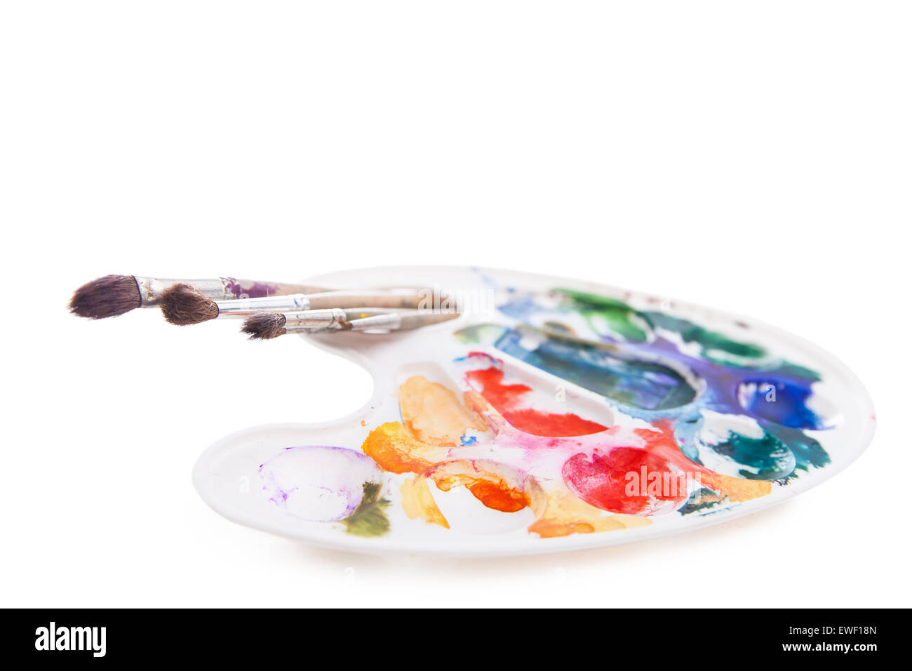 Heavy used artist's palette with brushes Stock Photo Alamy