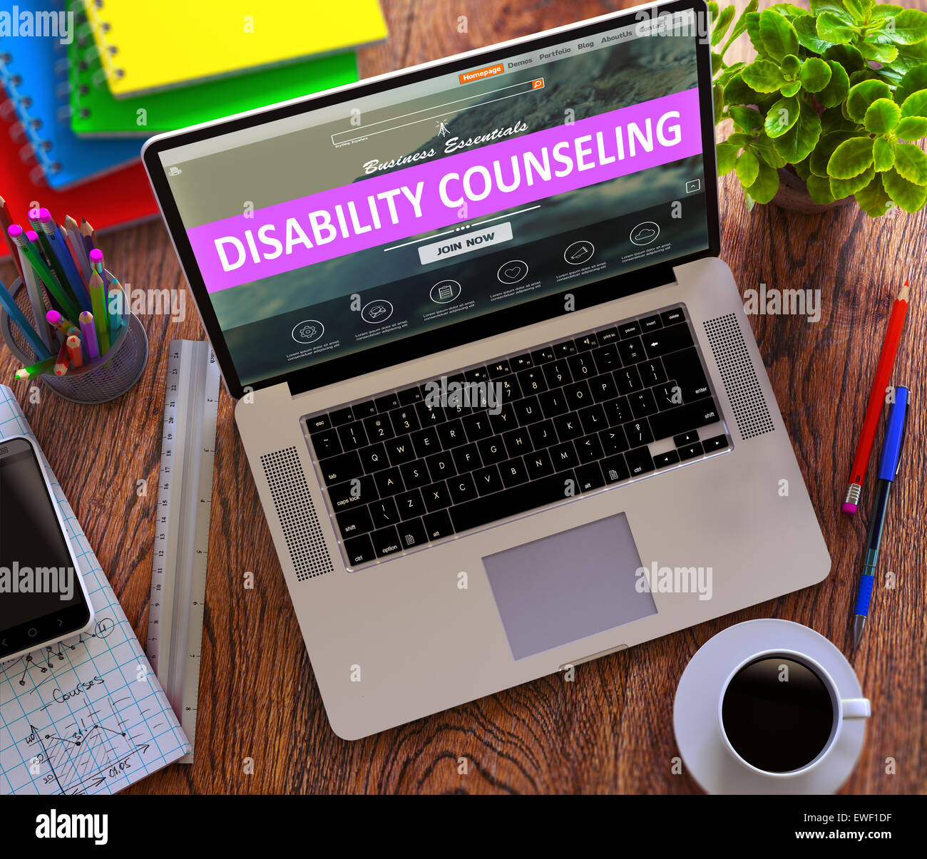 Disability Counseling Concept on Modern Laptop Screen. Stock Photo
