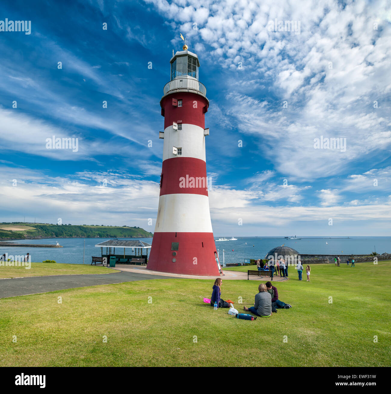 Smeatons Tower Lighthouse on the seafront at Plymouth Hoe on the south coast of Devon, England. Stock Photo