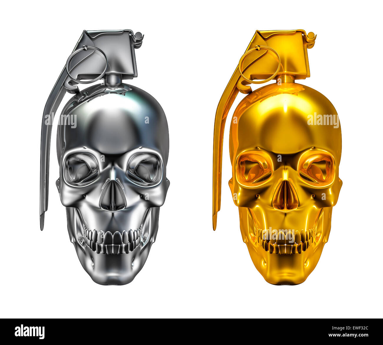3D render of skull as grenade in silver and gold isolated on white Stock Photo