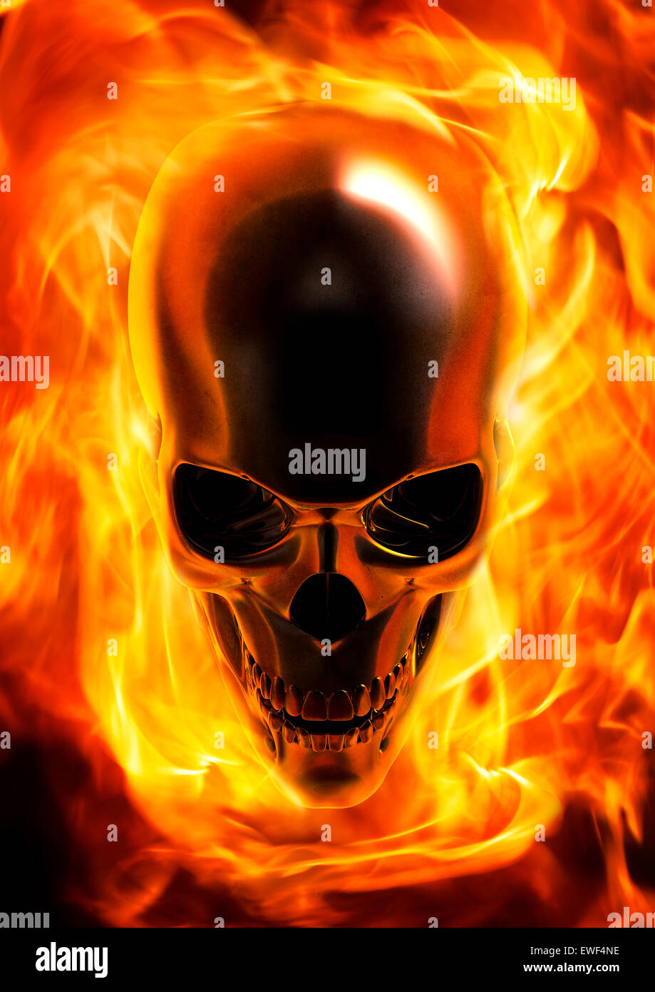 3D render of blazing metal skull Stock Photo