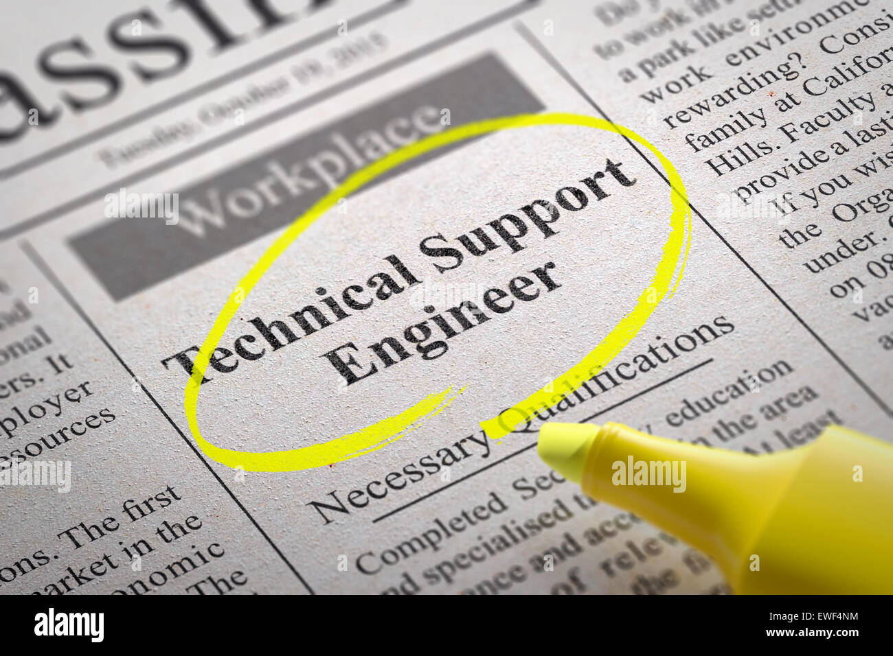 Technical Support Engineer Vacancy in Newspaper. Stock Photo