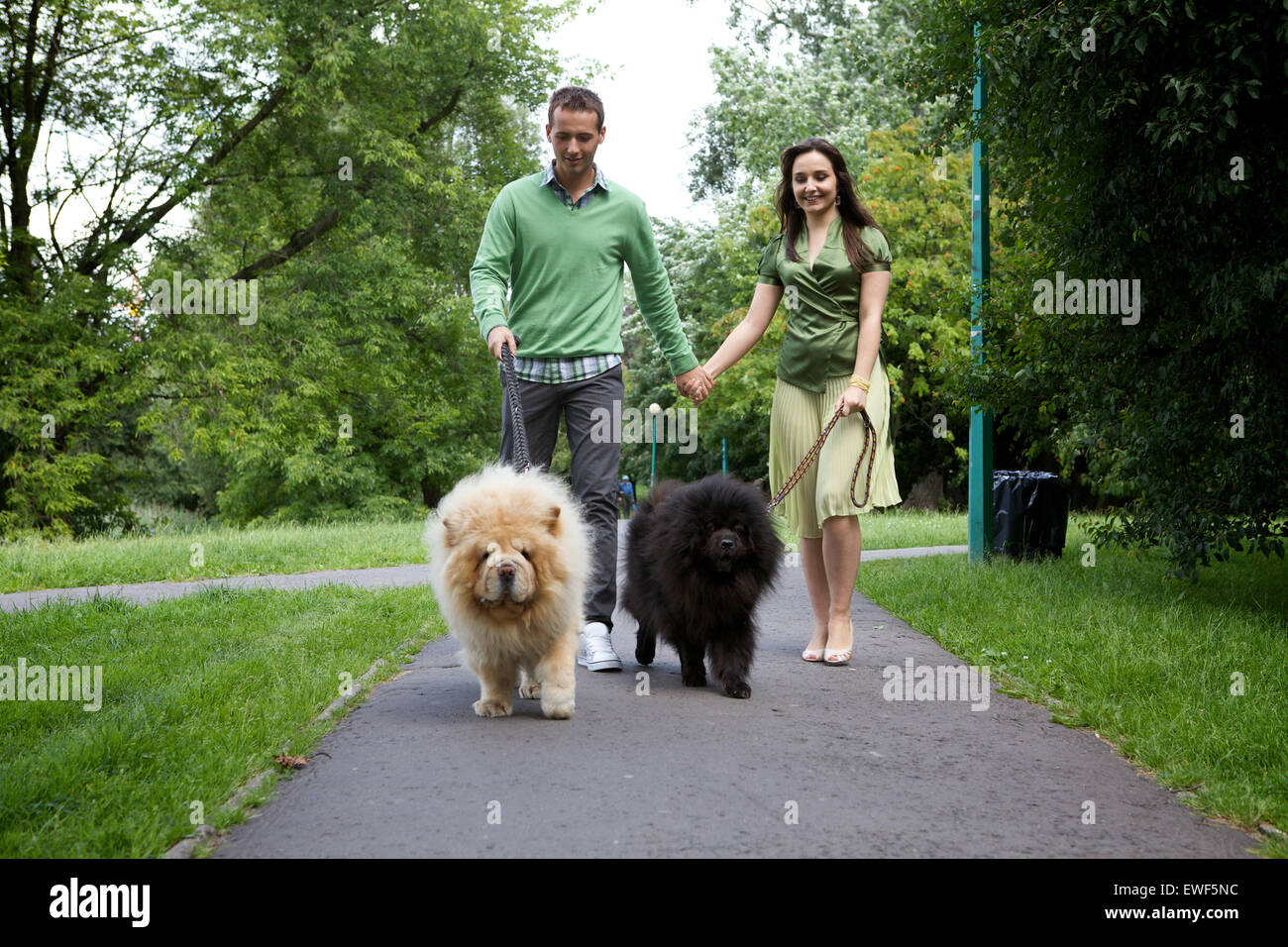 Young couple walking with pet dogs Stock Photo