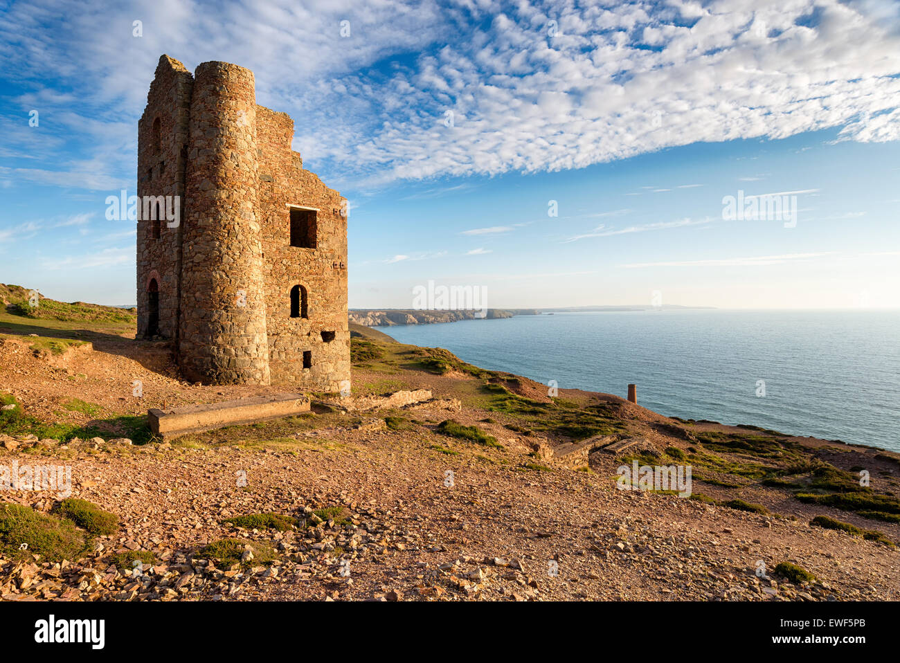 The South West Coast Path as it passes Wheal Coates at St Agnes in Cornwall Stock Photo