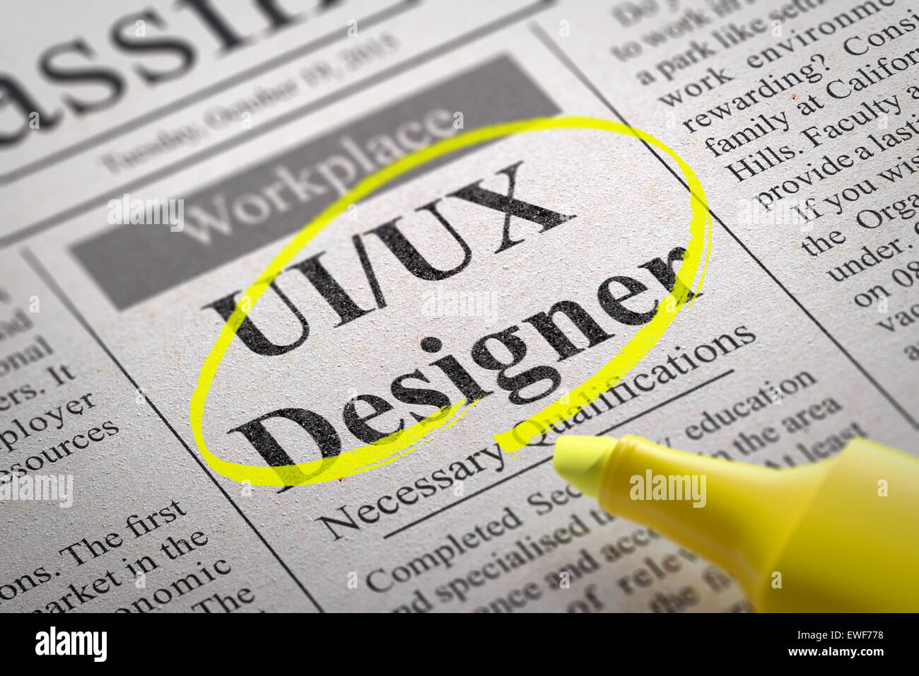 UI-UX Designer Jobs in Newspaper. Stock Photo