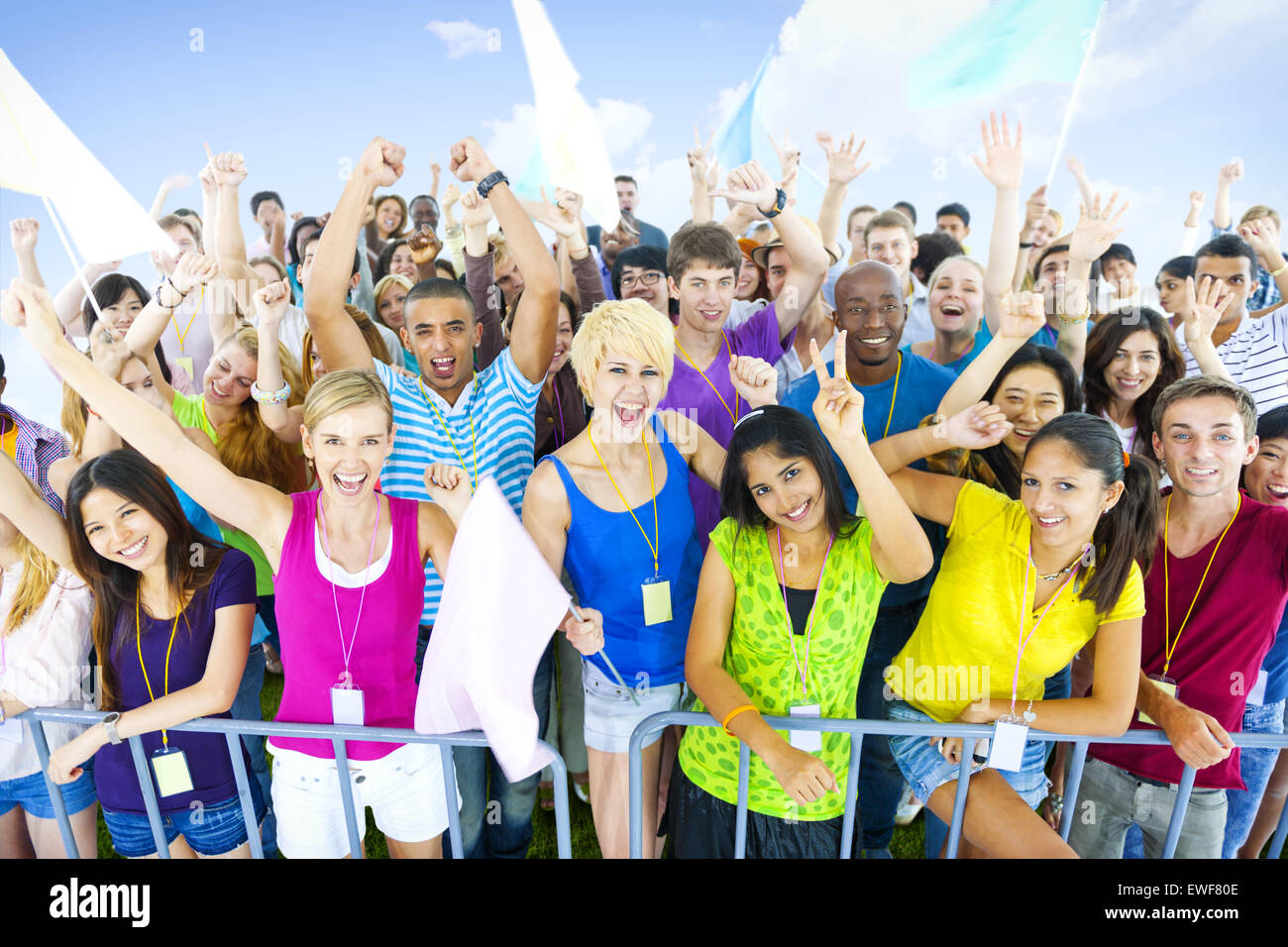 Large Group Young People Cheering Togetherness Stock Photo