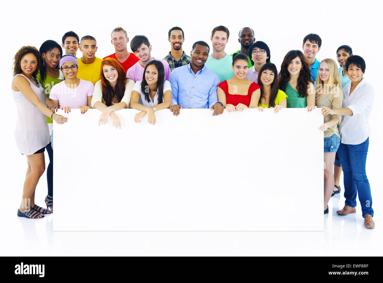 Large Group People Holding Board Togetherness Stock Photo