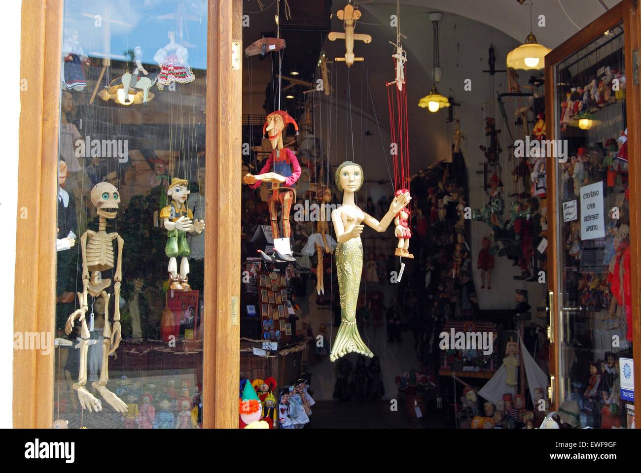 Souvenir puppets (Marionettes) for sale in city centre shop, Prague, Czech Republic, Eastern Europe. Stock Photo
