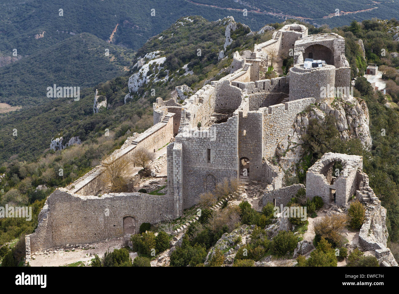 Aerial view of Peyrepertuse Castle in Aude, Languedoc-Roussillon, France. Stock Photo