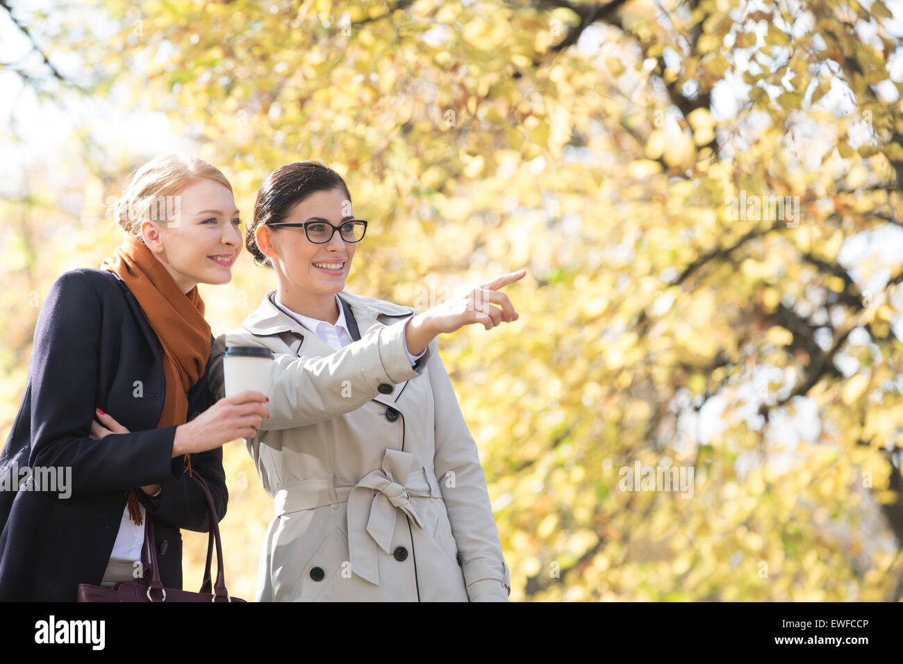 Happy businesswoman showing something to colleague at park Stock Photo