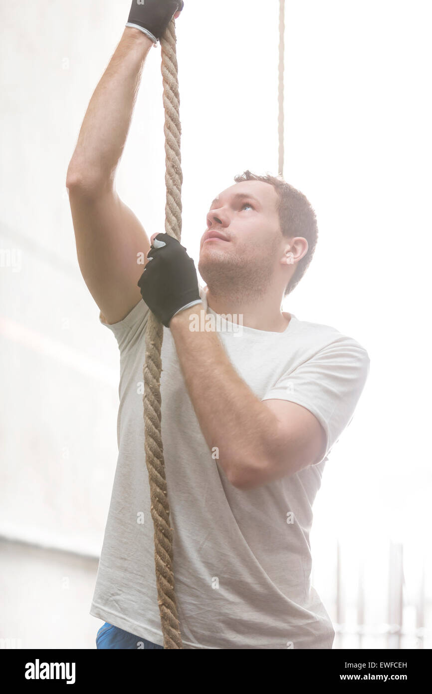 Determined man climbing rope in crossfit gym Stock Photo
