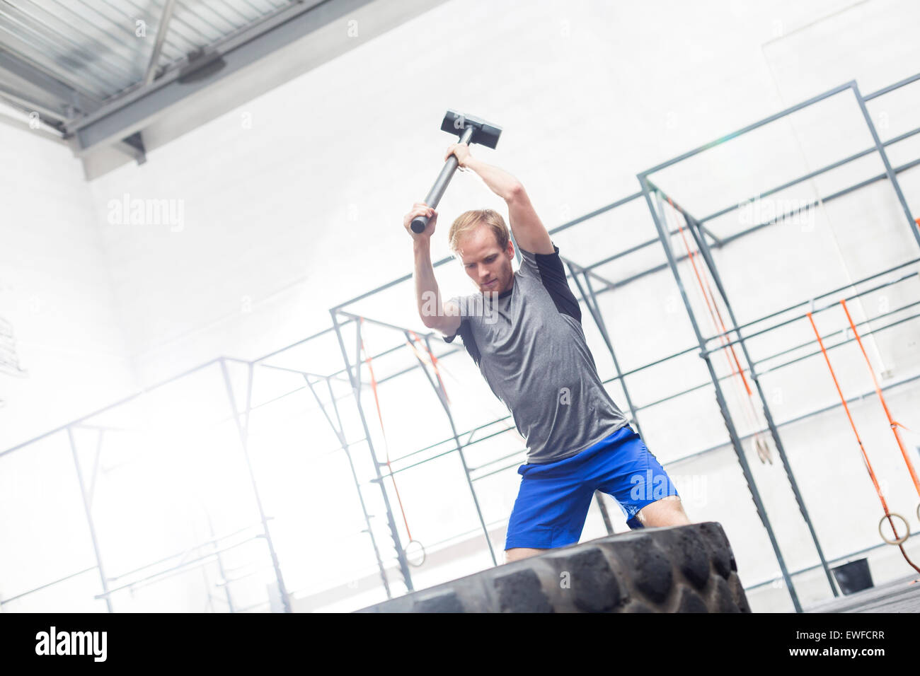 Man hitting tire with sledgehammer in crossfit gym Stock Photo Alamy