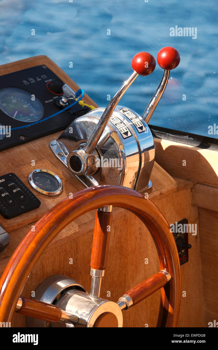 Steering wheel on luxury boat Stock Photo Alamy