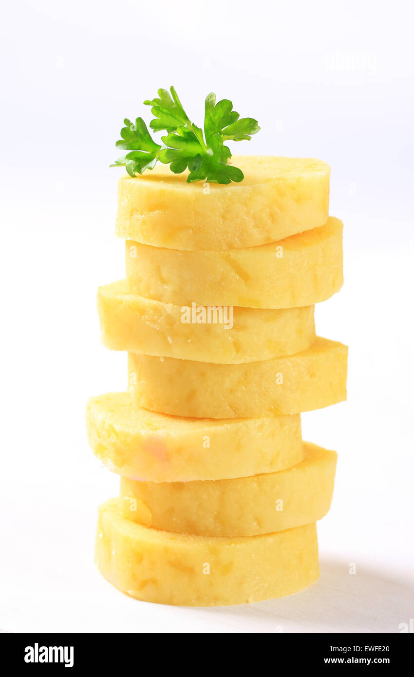 Stack of sliced potato dumplings Stock Photo
