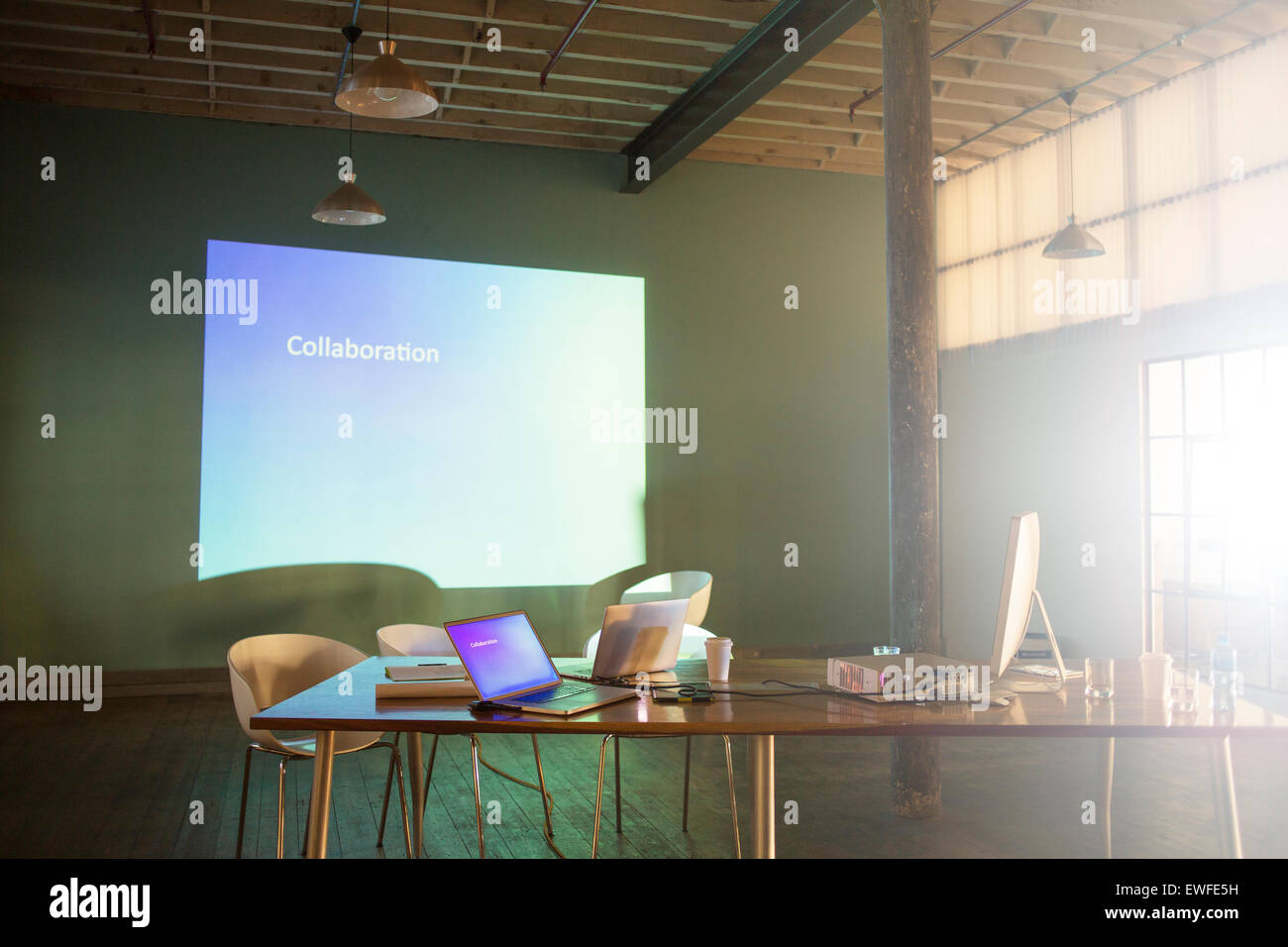 Collaboration text on audio visual presentation screen stock photo alamy