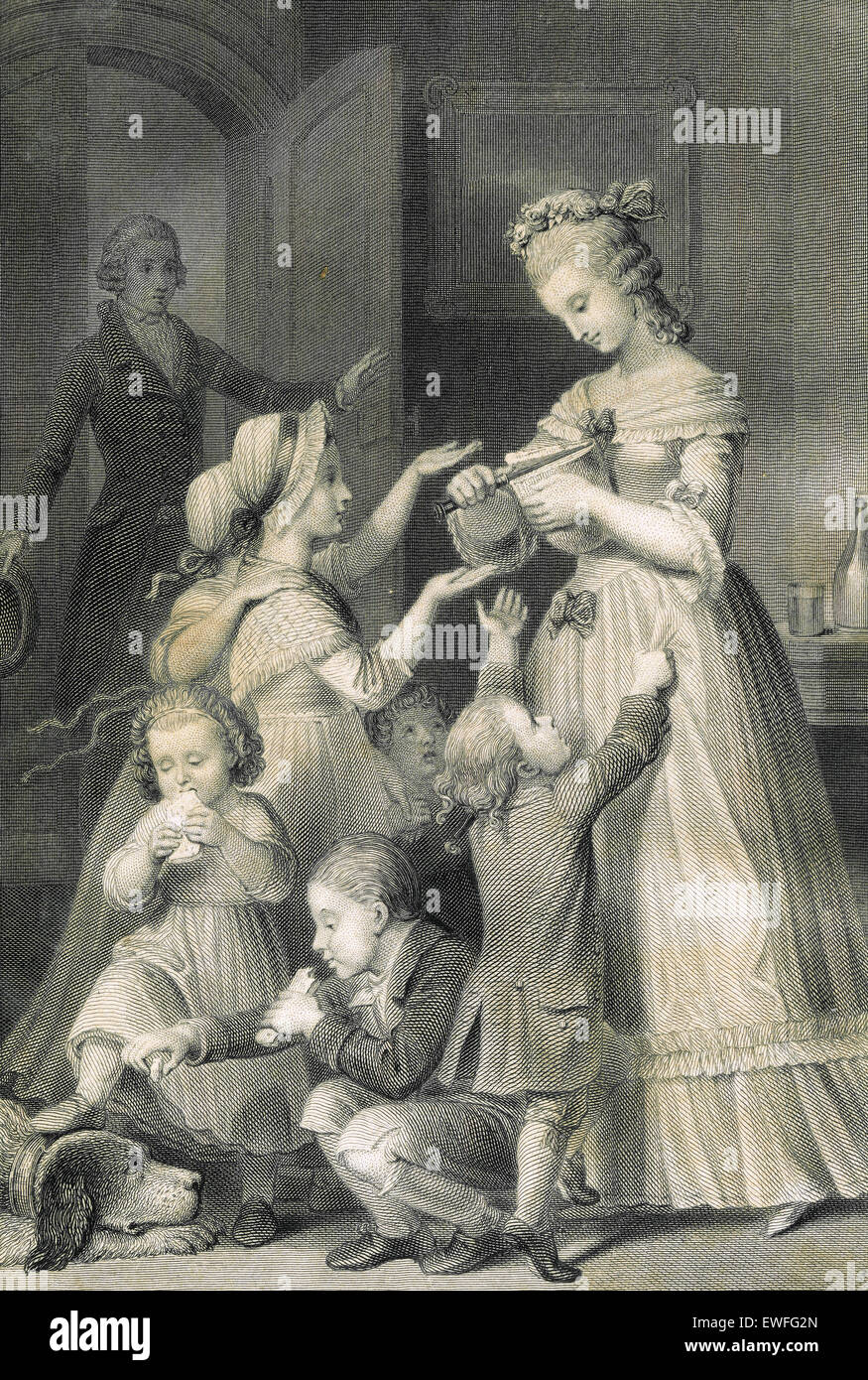 Johann Wolfgang von Goethe (1749-1832). German writer. The Sorrows of Young Werther, 1774. Engraving depicting Werther surprises Charlotte surrounded by children. Edition of 1837. Stock Photo