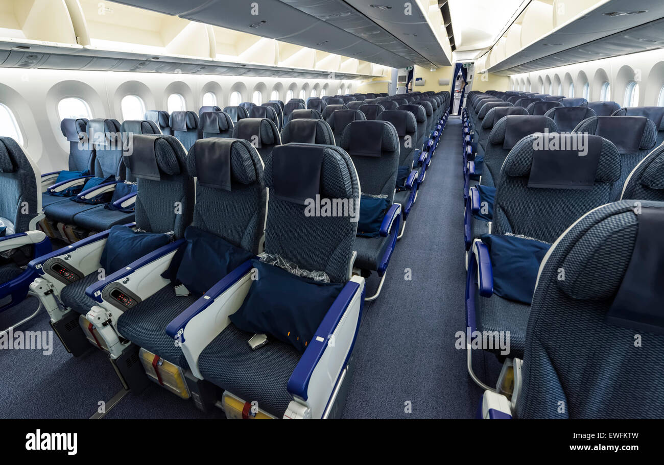 Economy Class seats inside a Boeing 787-9 Dreamliner of the airline ANA Stock Photo