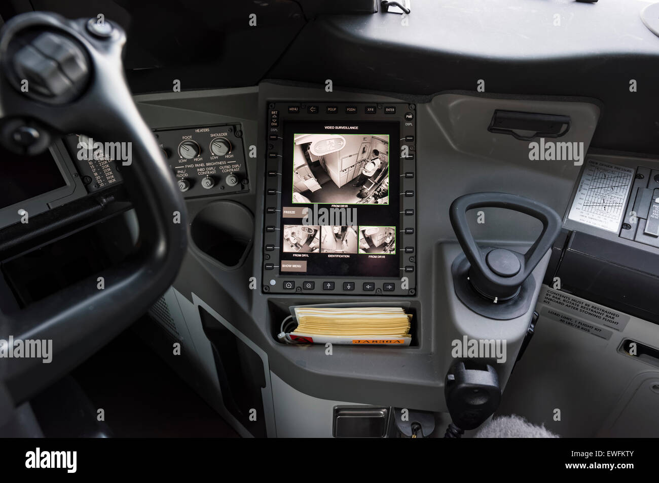 A surveillance monitor in the cockpit of a Boeing 787-9 Dreamliner of the airline ANA indicates the space in front of the Stock Photo