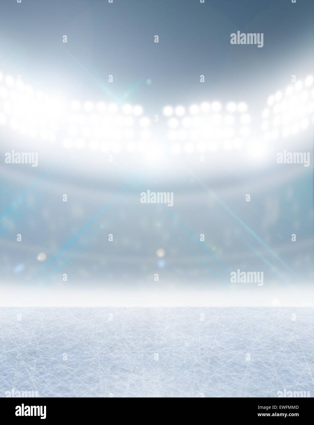 A generic ice rink stadium with a frozen surface under illuminated ...