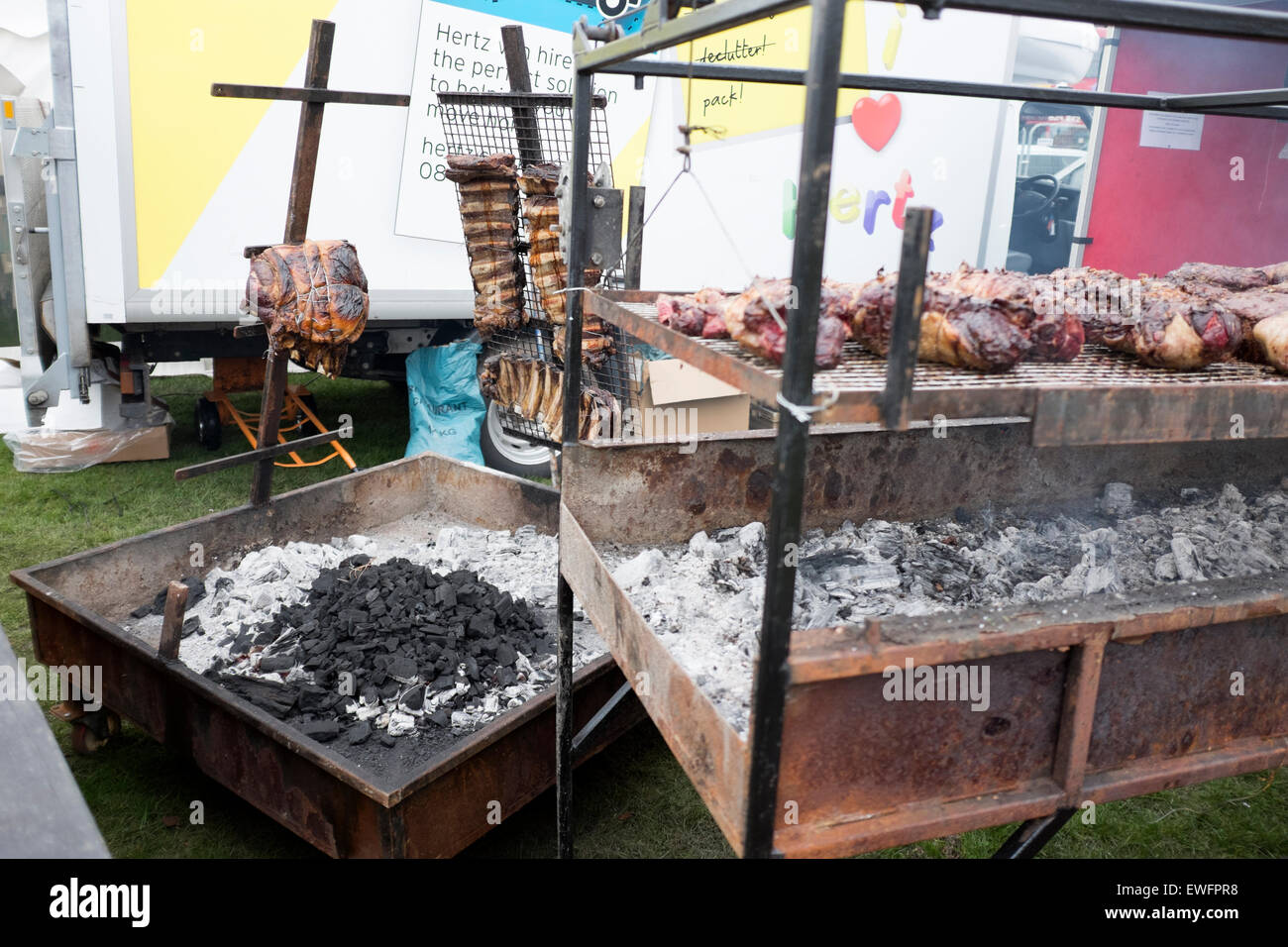 Large Open barbecue BBQ Rack of Beef Ribs Roasting Stock Photo