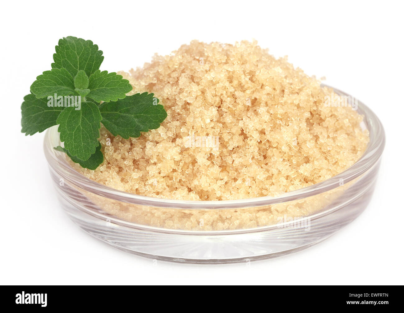 Coarse crystals of brown sugar with stevia leaves Stock Photo Alamy