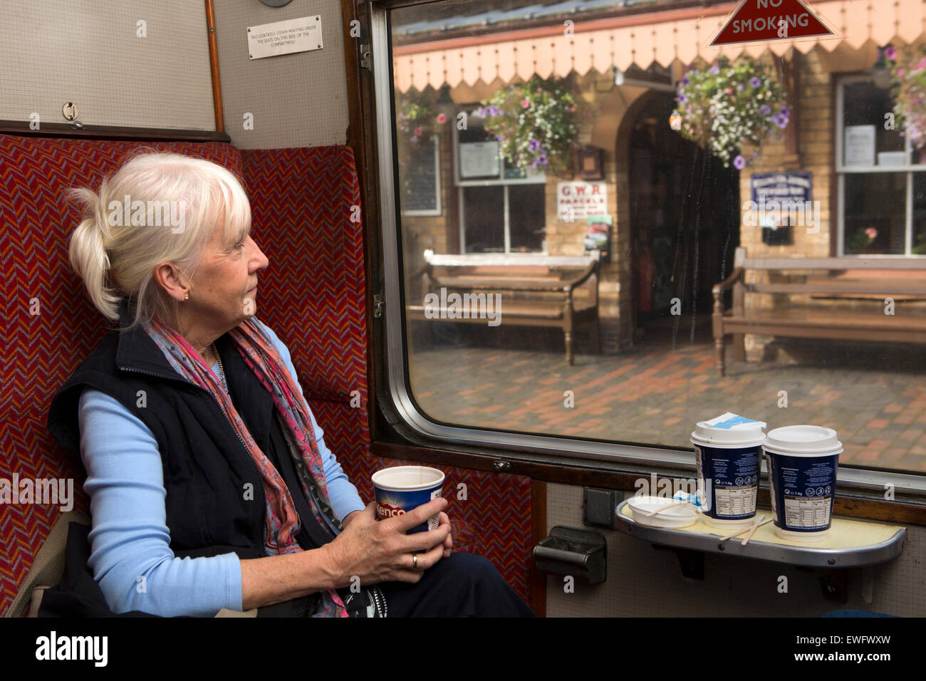 UK, England, Shropshire, Bridgnorth, Severn Valley Railway, passenger in first class carriage Stock Photo