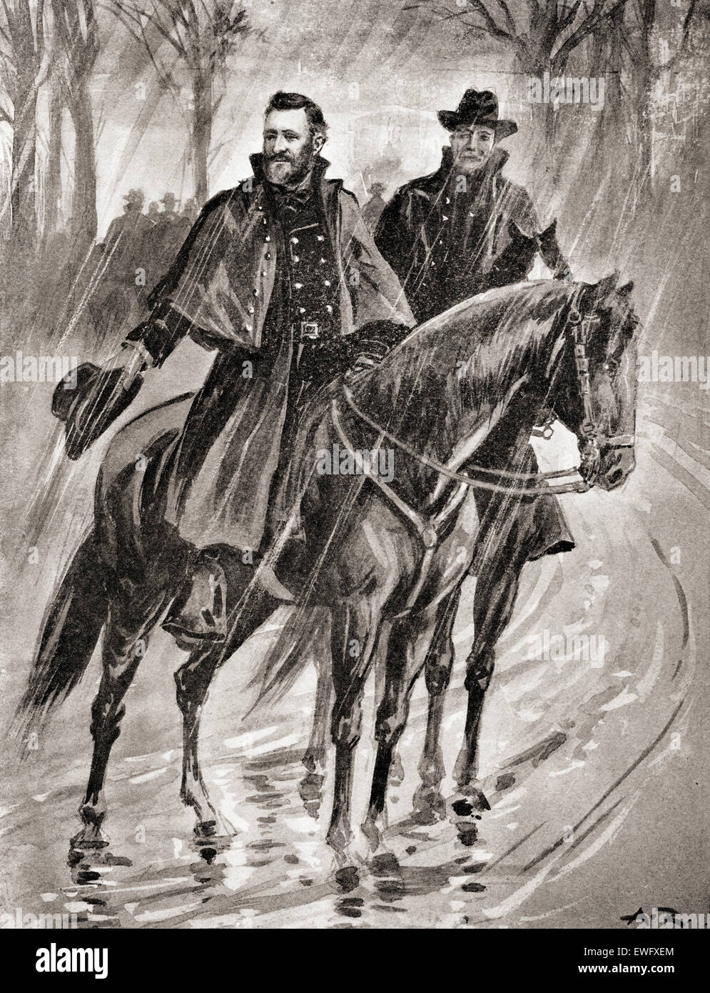 General Grant reconnoitering in the rain at Belmont, Missouri, before the battle in 1861.  Ulysses S. Grant, 1822 – 1885.   Commanding General in the Union Army during the American Civil War and 18th President of the United States. Stock Photo