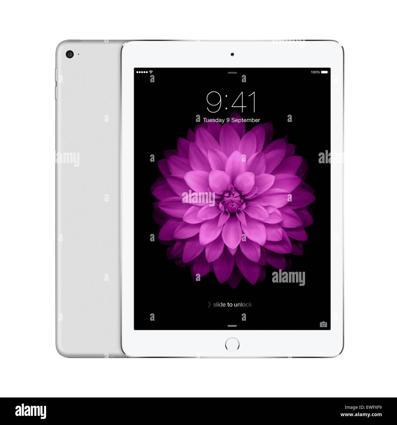 Varna, Bulgaria - February 02, 2014: Front and back sides of Apple Silver iPad Air 2 displaying iOS 8 with lock screen. Stock Photo