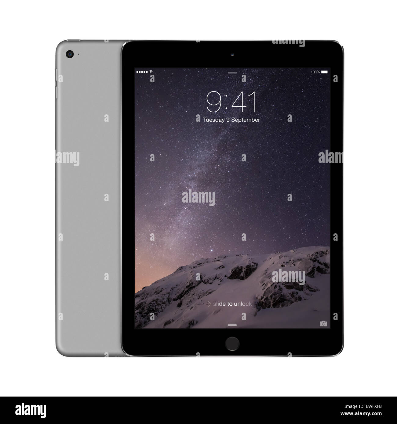Varna, Bulgaria - February 02, 2014: Front and back sides of Apple Space Gray iPad Air 2 displaying iOS 8. Stock Photo