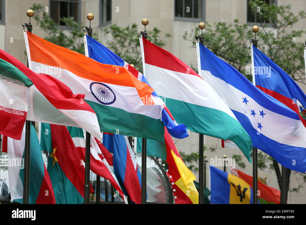 New York, USA, National flags of different countries before the
