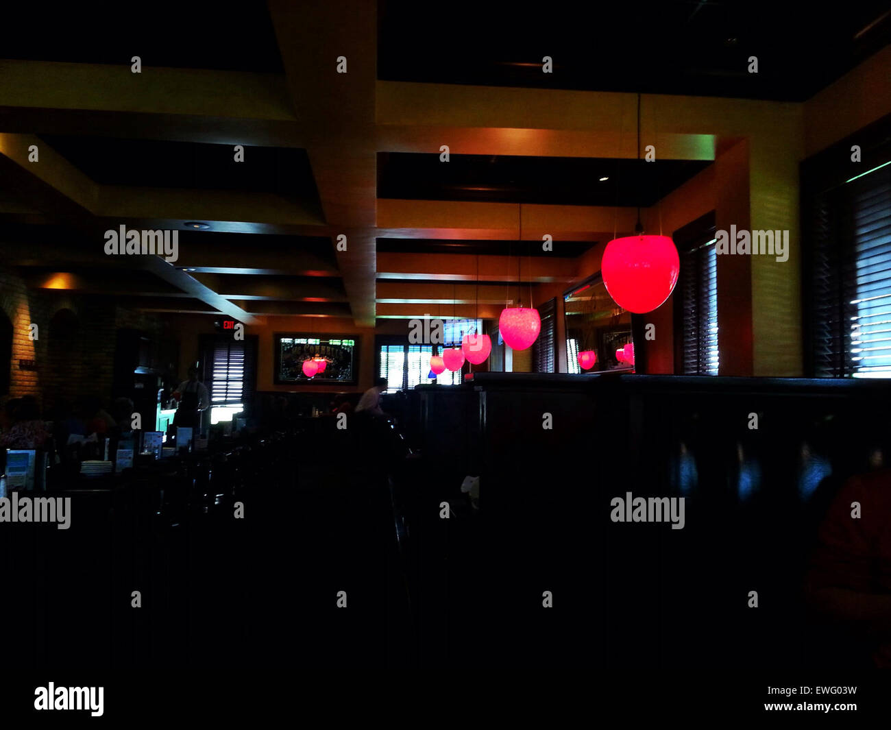 Red Ceiling Lights Inside Restaurant Stock Photo
