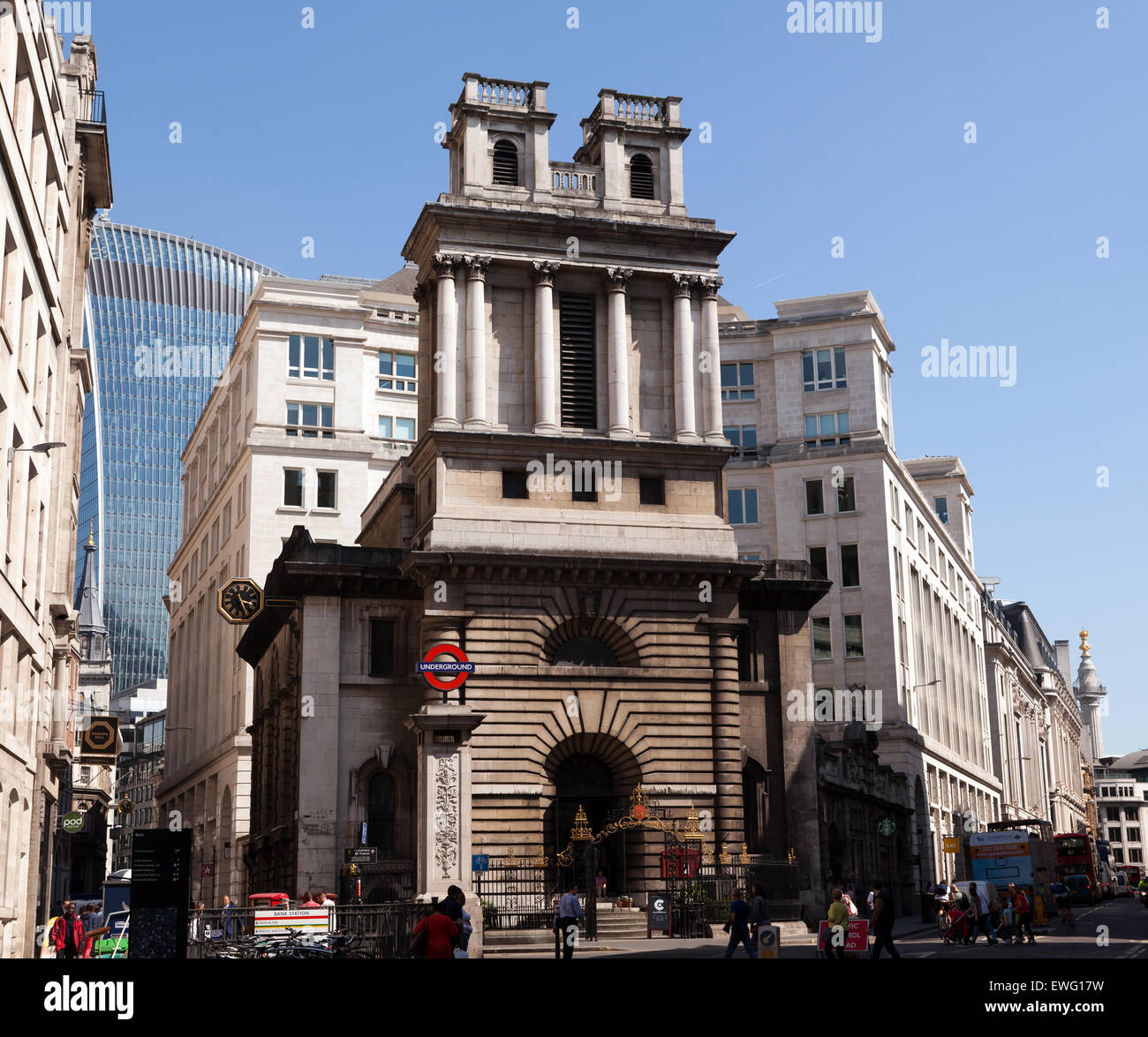 View of  St Mary Woolnoth, the Hawksmoor designed parish church, at the corner of Lombard Street and King William Street, London Stock Photo