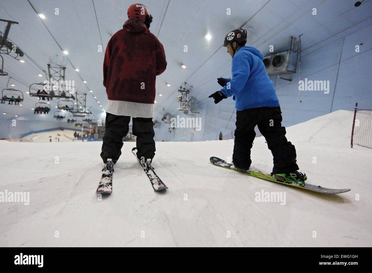 Dubai, United Arab Emirates, skiers and snowboarders in the indoor Ski