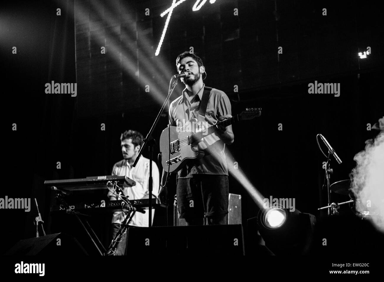 Singer with Guitar on State with Keyboardist Stock Photo Alamy