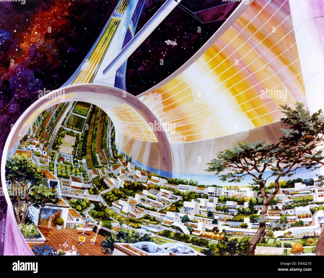 An illustration depicting space colonization, showcasing a futuristic space colony, as envisioned by NASA during the 1970s. The artwork features colonies in space and highlights humanity's potential future in space. Stock Photo