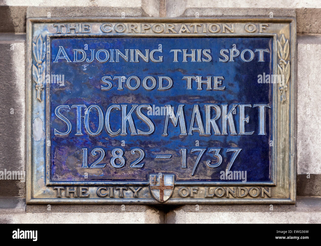 Close-up view of a plaque marking the site of the former  Stocks Market,  City of London, Stock Photo