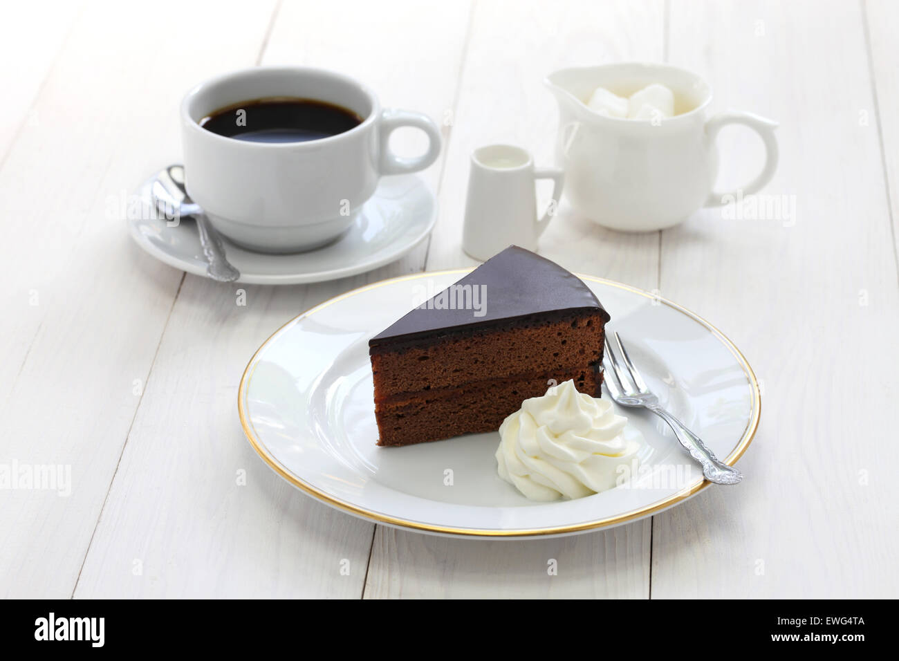 homemade sachertorte, Austrian chocolate cake and coffee Stock Photo