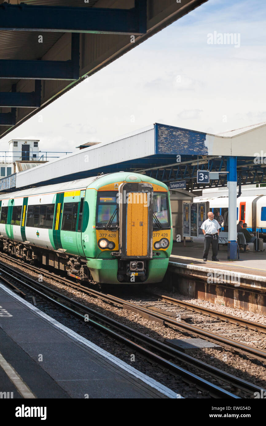 Southern train from Brighton stopped at Southampton Central Station, Southampton, Hampshire UK in June Stock Photo
